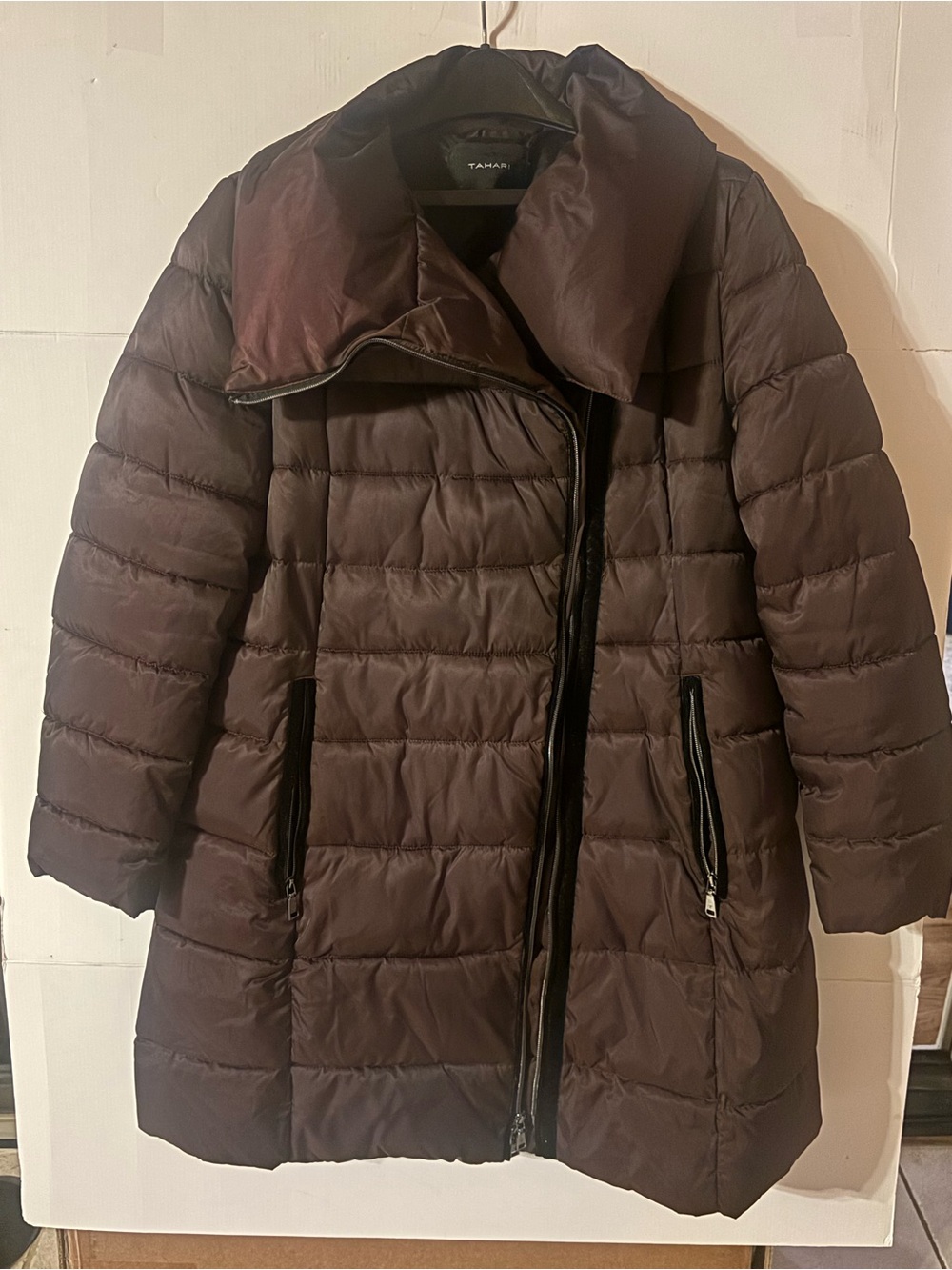 Tahari Women's Brown Quilted Puffer Jacket Mid-Length Full Zip Long Sleeve XL